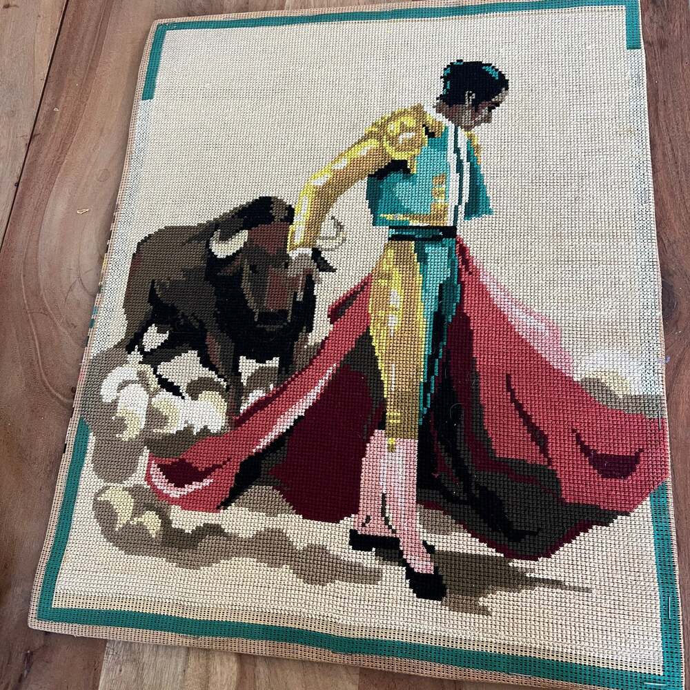 MCM Vintage Matador Bull Tapestry Finished Needlepoint Artwork Spanish 60s